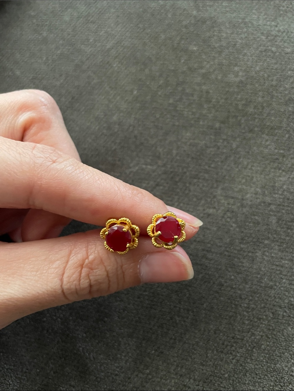 Nepal Gold Plated Brass Flower Stud Earrings with Red Stone